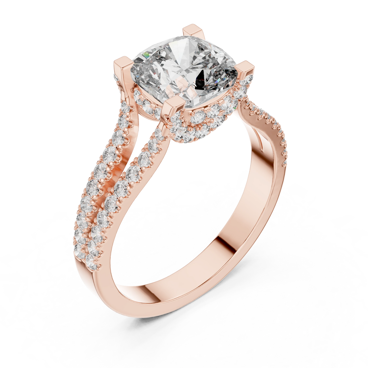Cushion Hidden Halo Split Shank Moissanite Engagement Ring in rose 925 sterling silver, view 2