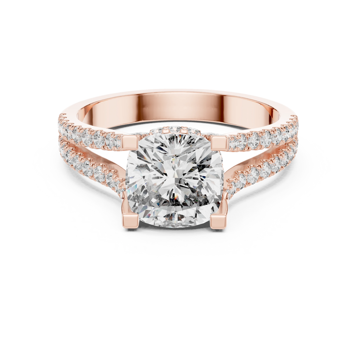 Cushion Hidden Halo Split Shank Moissanite Engagement Ring in rose 925 sterling silver, view 4