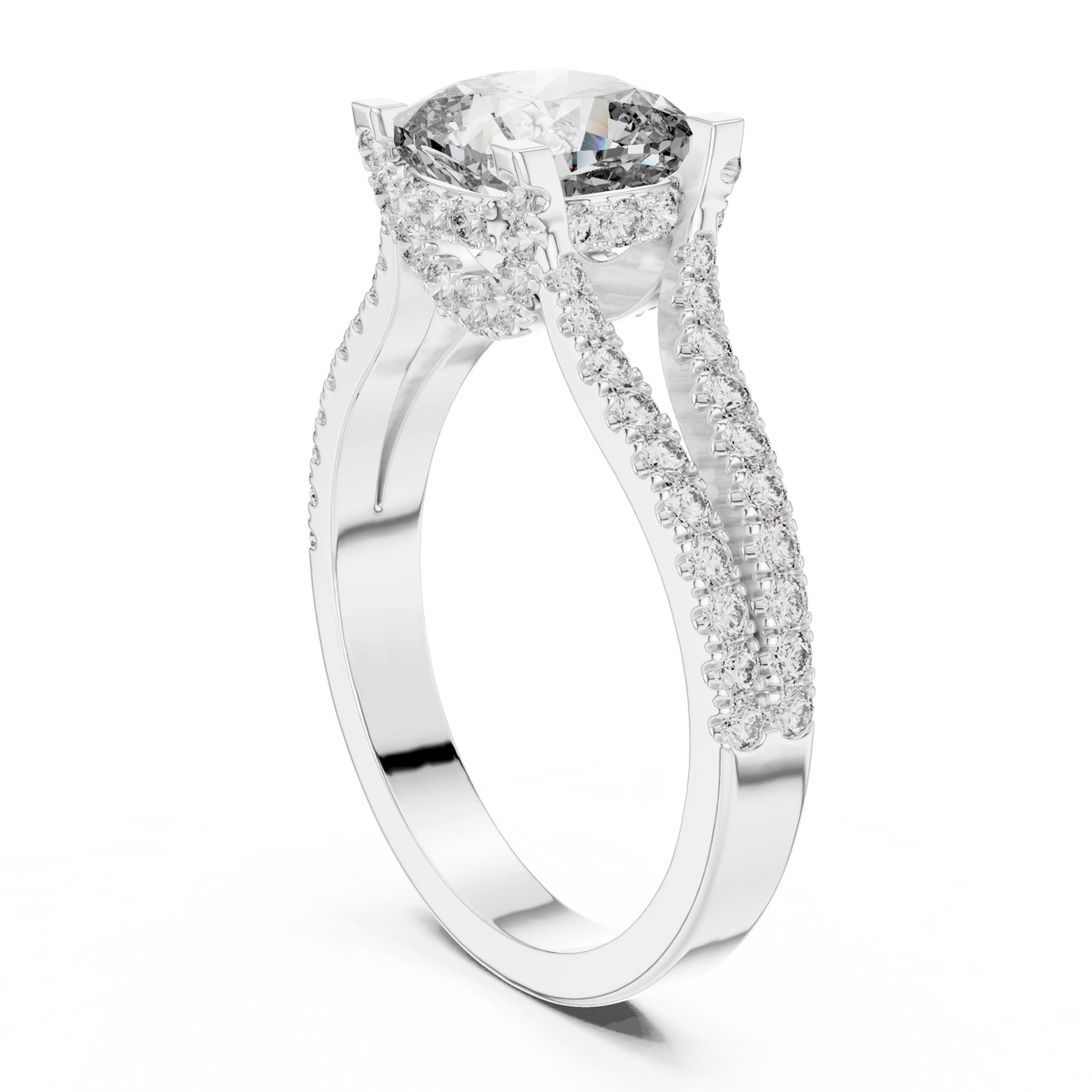 Cushion Hidden Halo Split Shank Moissanite Engagement Ring in white 925 sterling silver, view 1