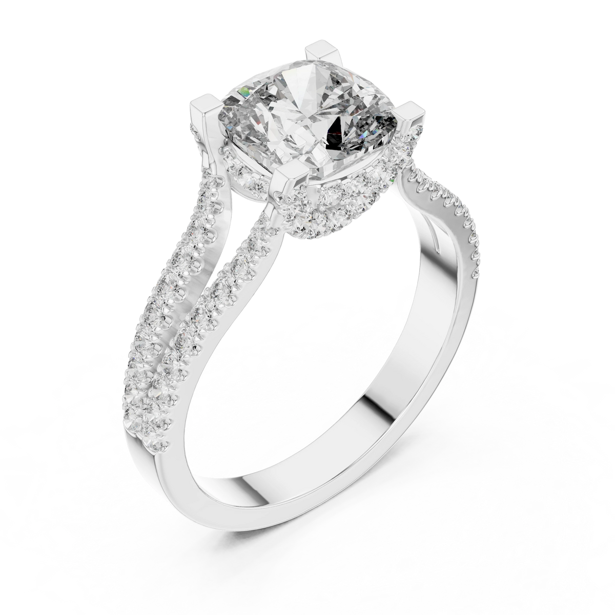 Cushion Hidden Halo Split Shank Moissanite Engagement Ring in white 925 sterling silver, view 2