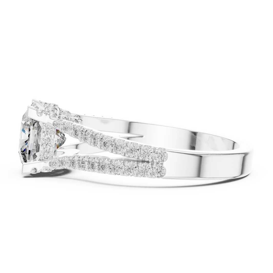 Cushion Hidden Halo Split Shank Moissanite Engagement Ring in white 925 sterling silver, view 3