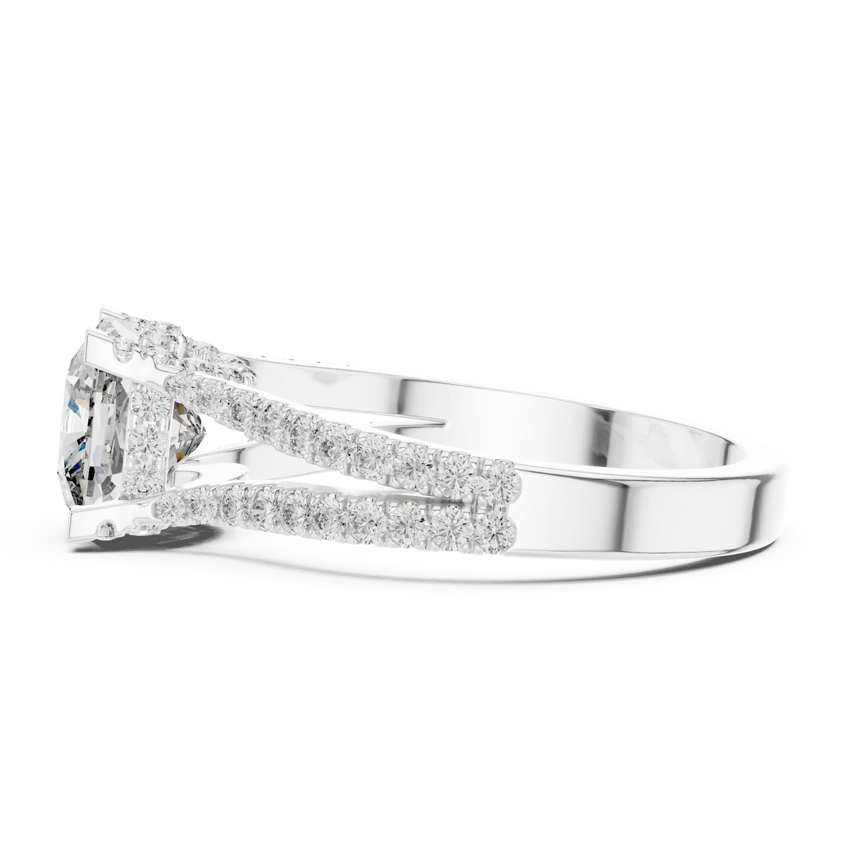Cushion Hidden Halo Split Shank Moissanite Engagement Ring in white 925 sterling silver, view 3