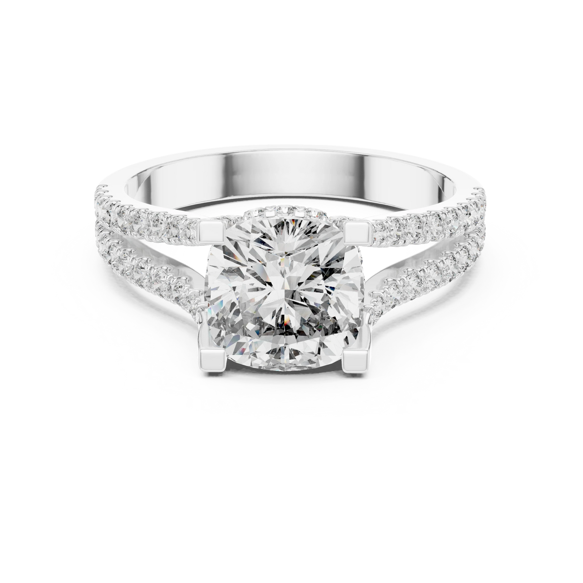 Cushion Hidden Halo Split Shank Moissanite Engagement Ring in white 925 sterling silver, view 4