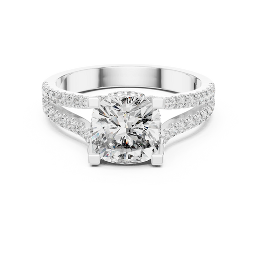 Cushion Hidden Halo Split Shank Moissanite Engagement Ring in white 925 sterling silver, view 4