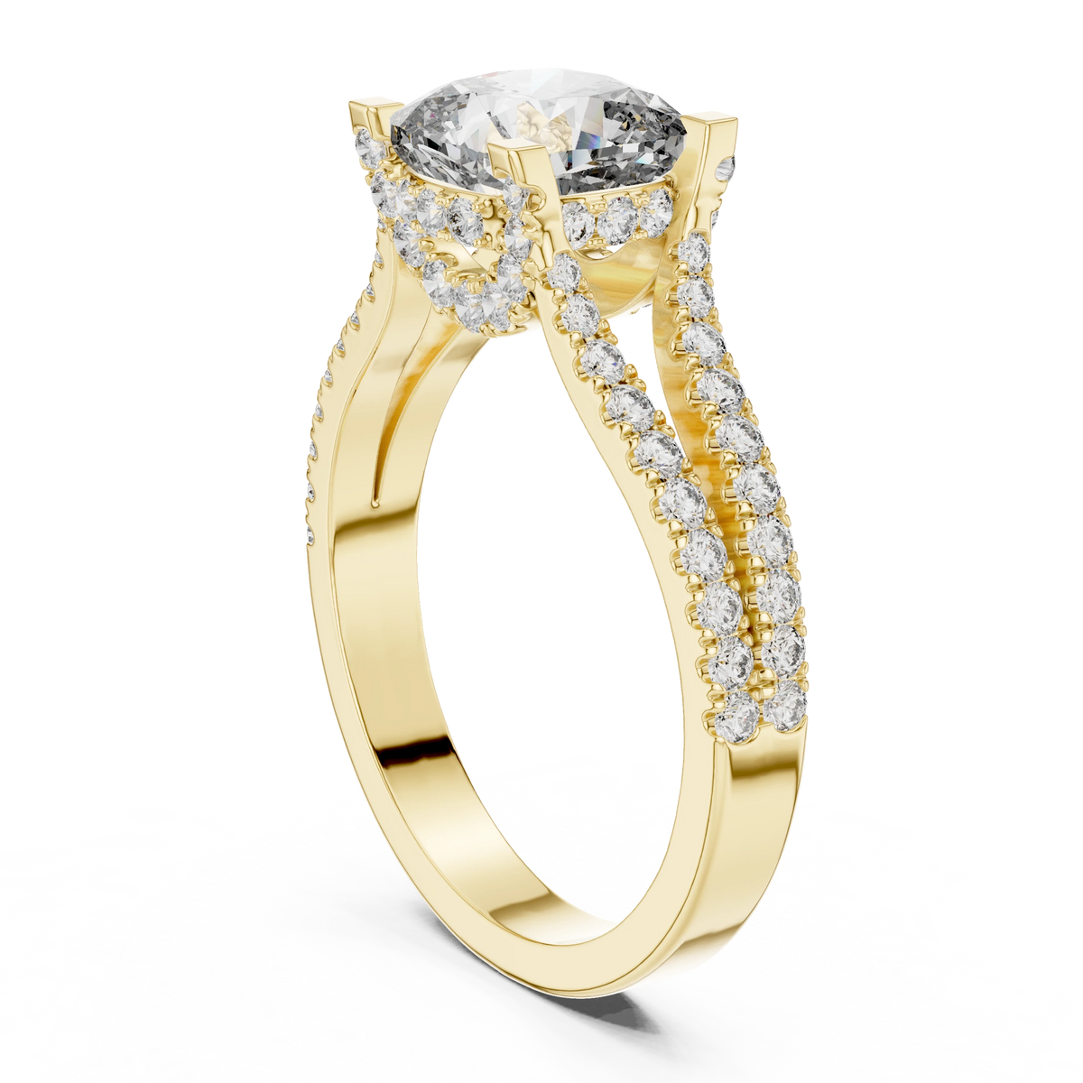 Cushion Hidden Halo Split Shank Moissanite Engagement Ring in yellow 925 sterling silver, view 1