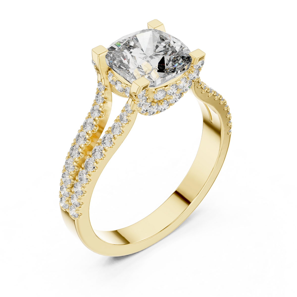 Cushion Hidden Halo Split Shank Moissanite Engagement Ring in yellow 925 sterling silver, view 2