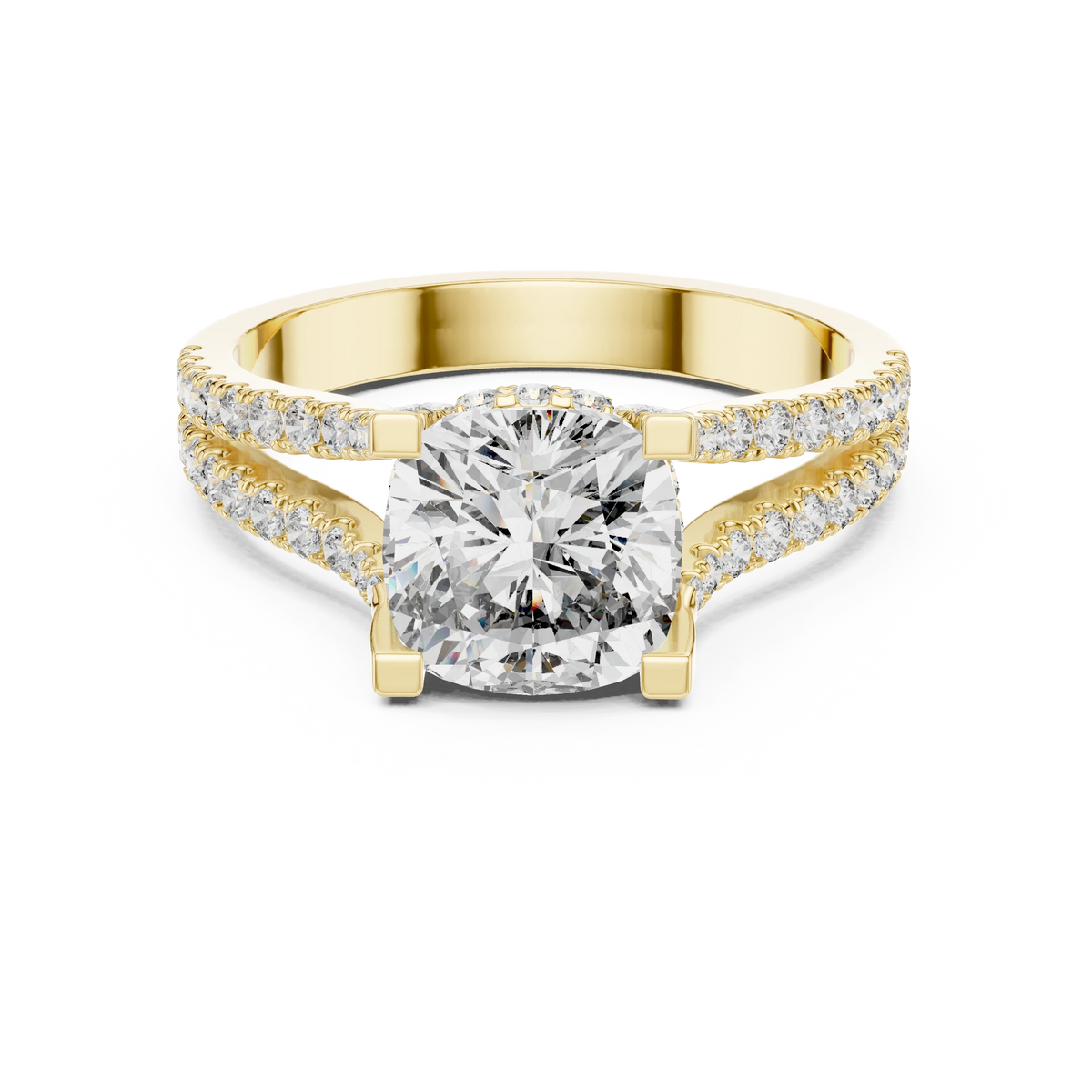 Cushion Hidden Halo Split Shank Moissanite Engagement Ring in yellow 925 sterling silver, view 4