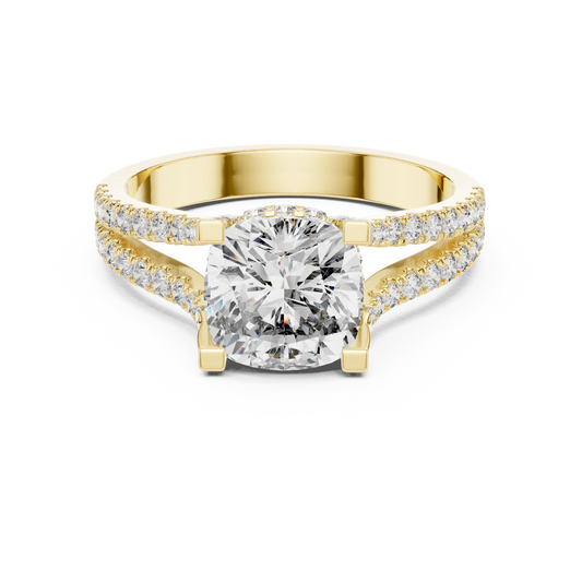 Cushion Hidden Halo Split Shank Moissanite Engagement Ring in yellow 925 sterling silver, view 4