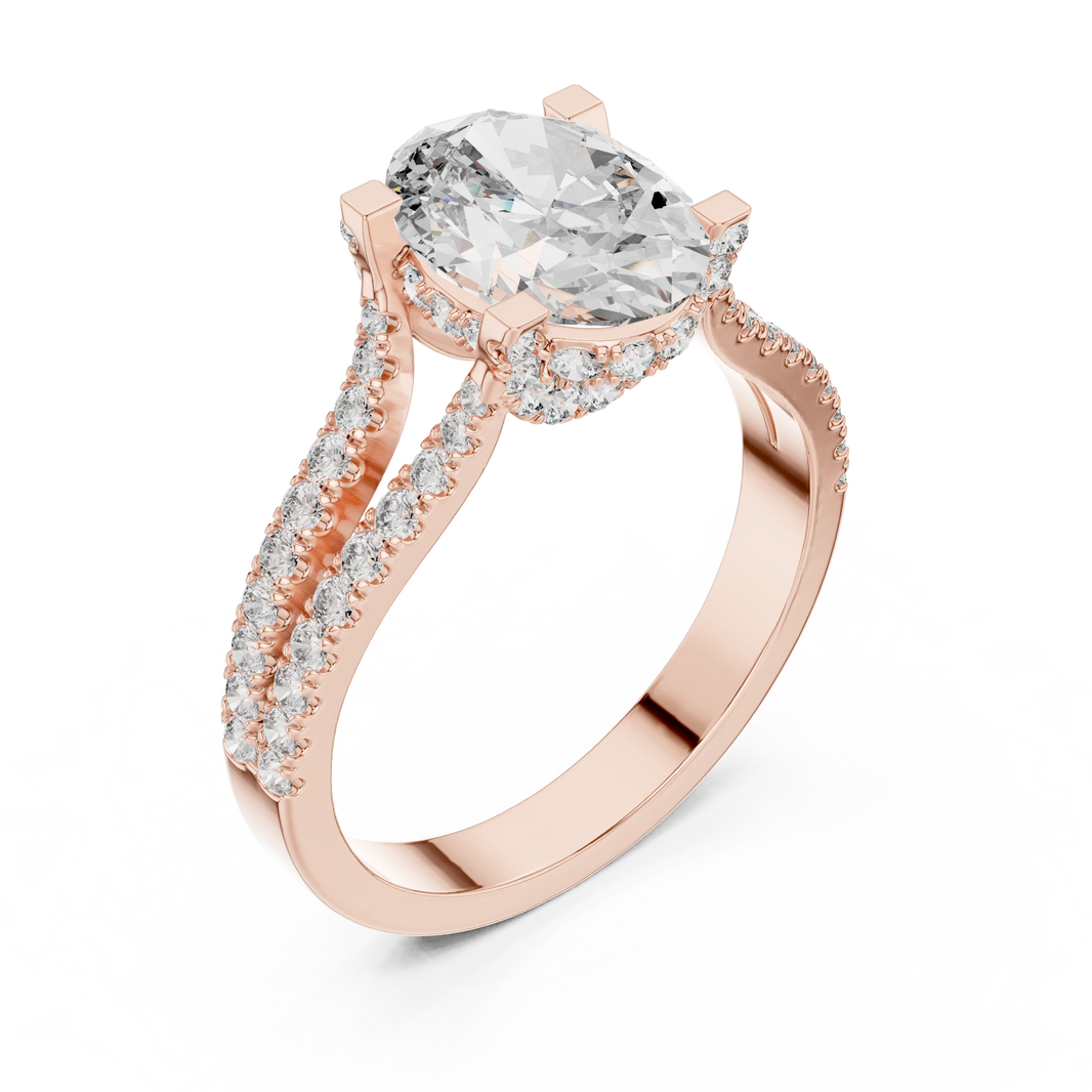 Oval Hidden Halo Split Shank Moissanite Engagement Ring in rose 925 sterling silver, view 2