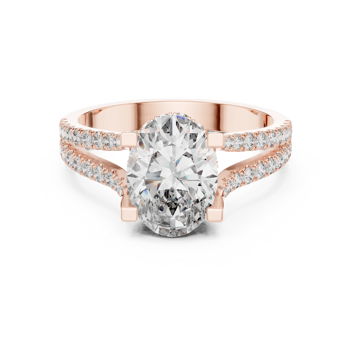 Oval Hidden Halo Split Shank Moissanite Engagement Ring in rose 925 sterling silver, view 4