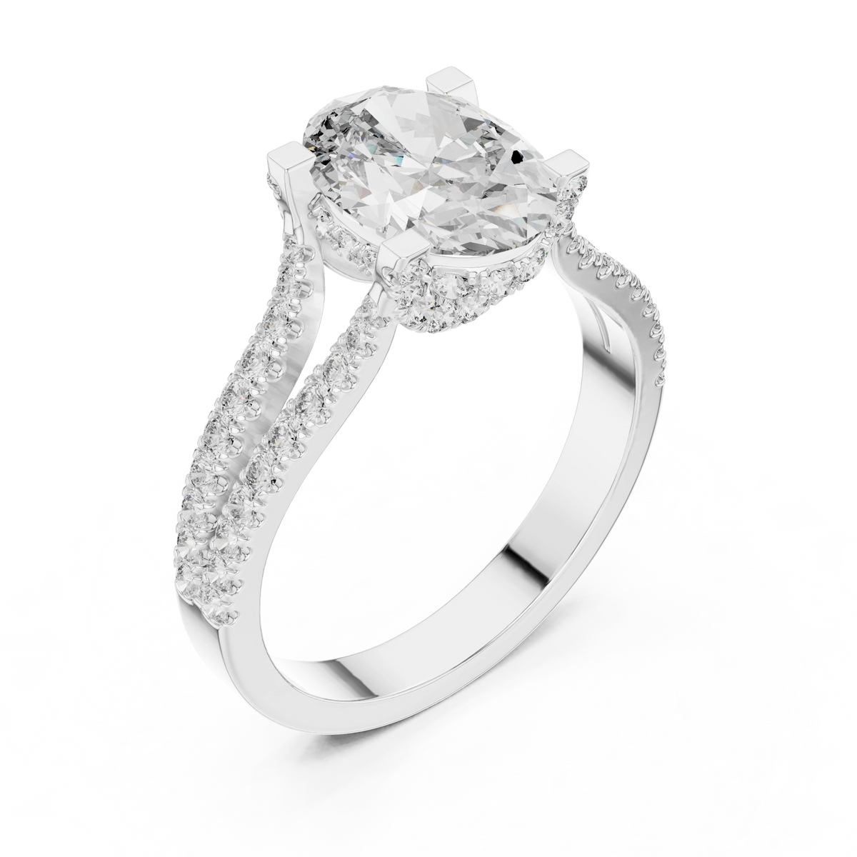 Oval Hidden Halo Split Shank Moissanite Engagement Ring in white 925 sterling silver, view 2