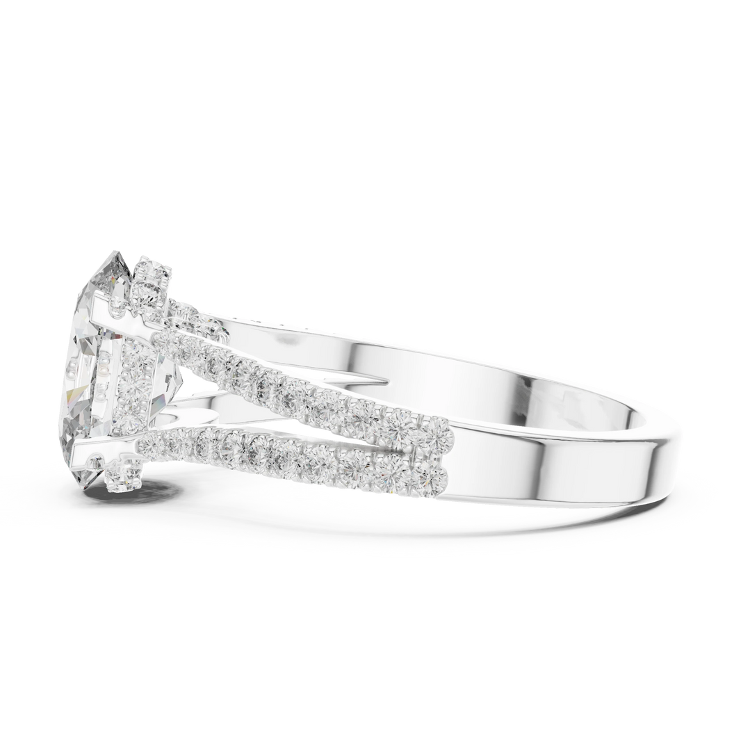 Oval Hidden Halo Split Shank Moissanite Engagement Ring in white 925 sterling silver, view 3