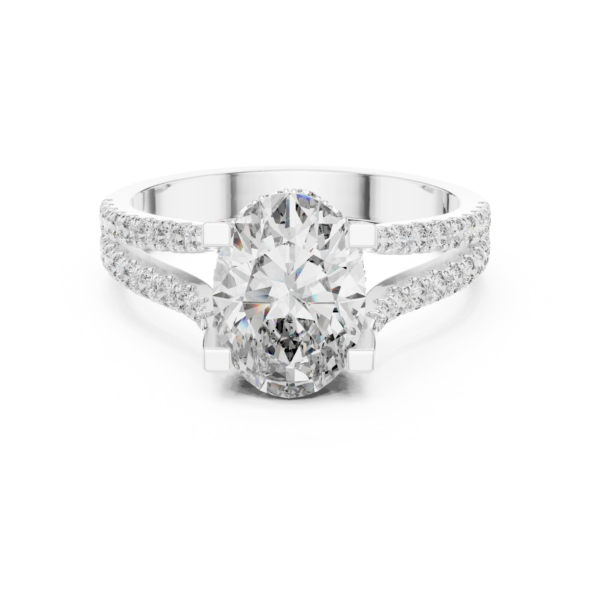 Oval Hidden Halo Split Shank Moissanite Engagement Ring in white 925 sterling silver, view 4