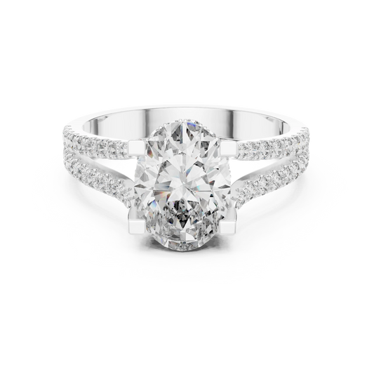 Oval Hidden Halo Split Shank Moissanite Engagement Ring in white 925 sterling silver, view 4