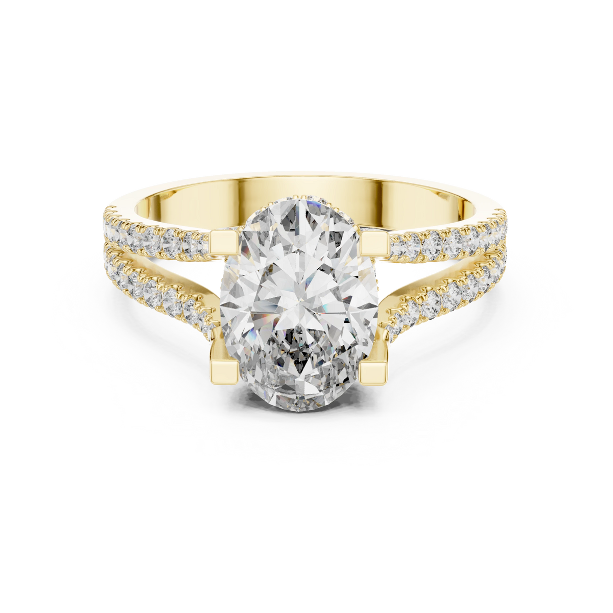 Oval Hidden Halo Split Shank Moissanite Engagement Ring in yellow 925 sterling silver, view 4