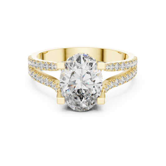 Oval Hidden Halo Split Shank Moissanite Engagement Ring in yellow 925 sterling silver, view 4