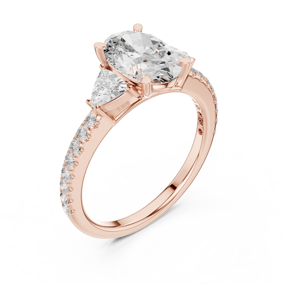 Oval Trillion Three Stone Pavé Moissanite Engagement Ring in rose 925 sterling silver, view 2