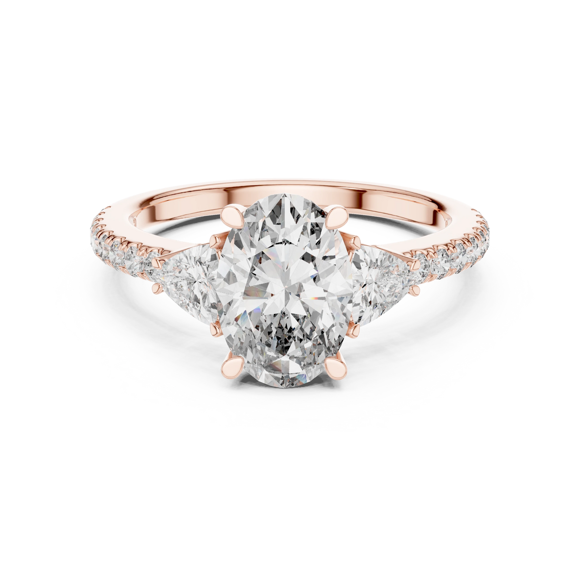 Oval Trillion Three Stone Pavé Moissanite Engagement Ring in rose 925 sterling silver, view 4