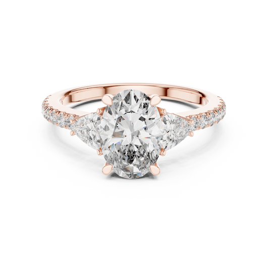 Oval Trillion Three Stone Pavé Moissanite Engagement Ring in rose 925 sterling silver, view 4