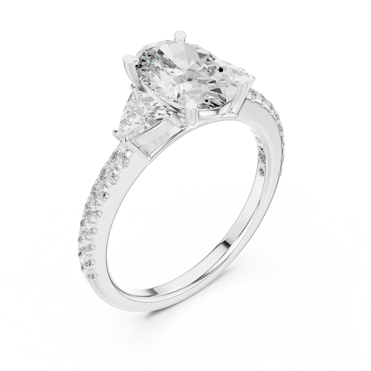 Oval Trillion Three Stone Pavé Moissanite Engagement Ring in white 925 sterling silver, view 2