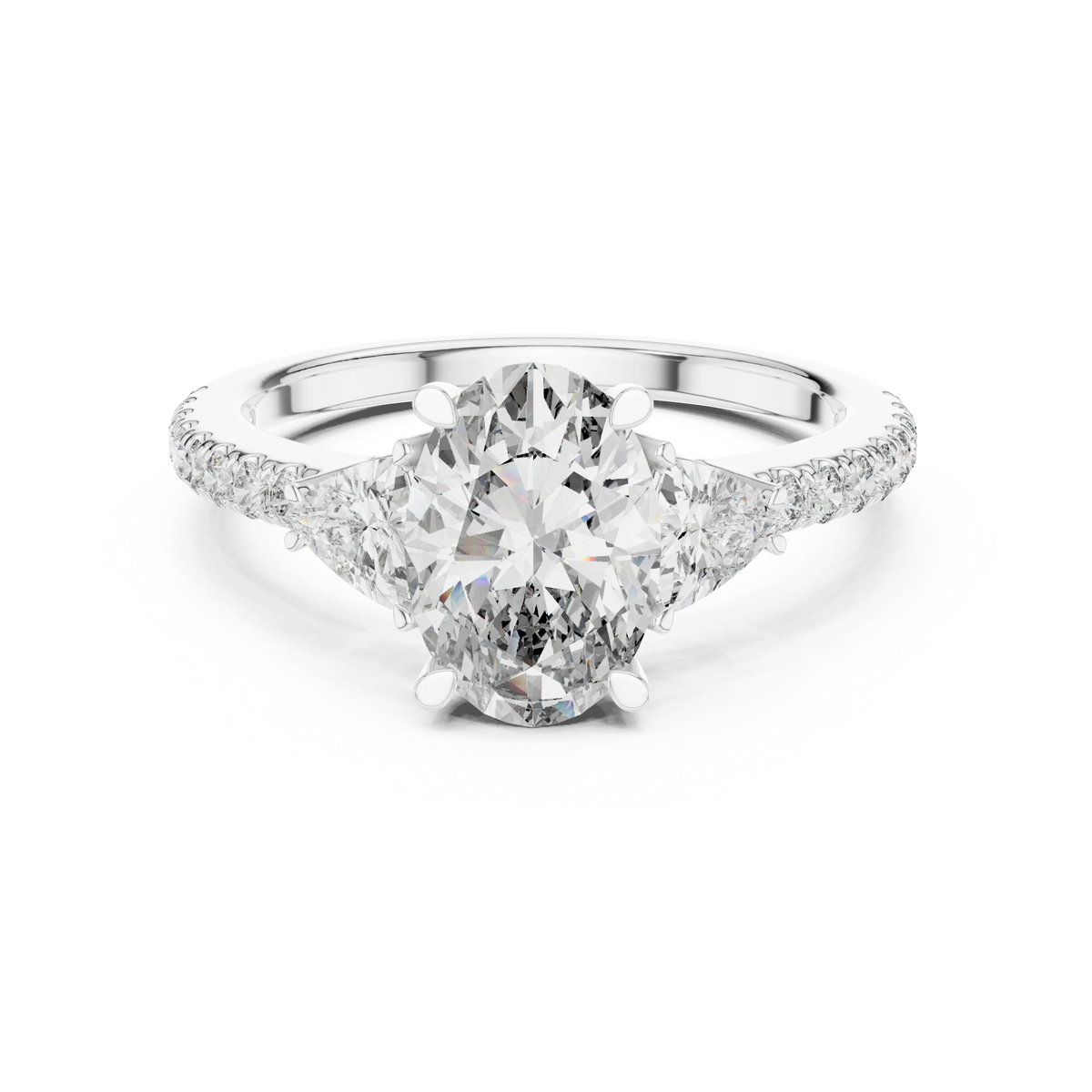 Oval Trillion Three Stone Pavé Moissanite Engagement Ring in white 925 sterling silver, view 4