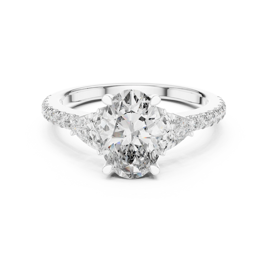Oval Trillion Three Stone Pavé Moissanite Engagement Ring in white 925 sterling silver, view 4