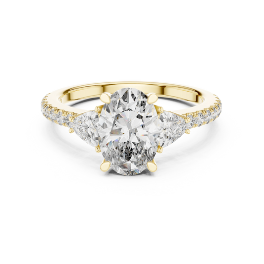 Oval Trillion Three Stone Pavé Moissanite Engagement Ring in yellow 925 sterling silver, view 4