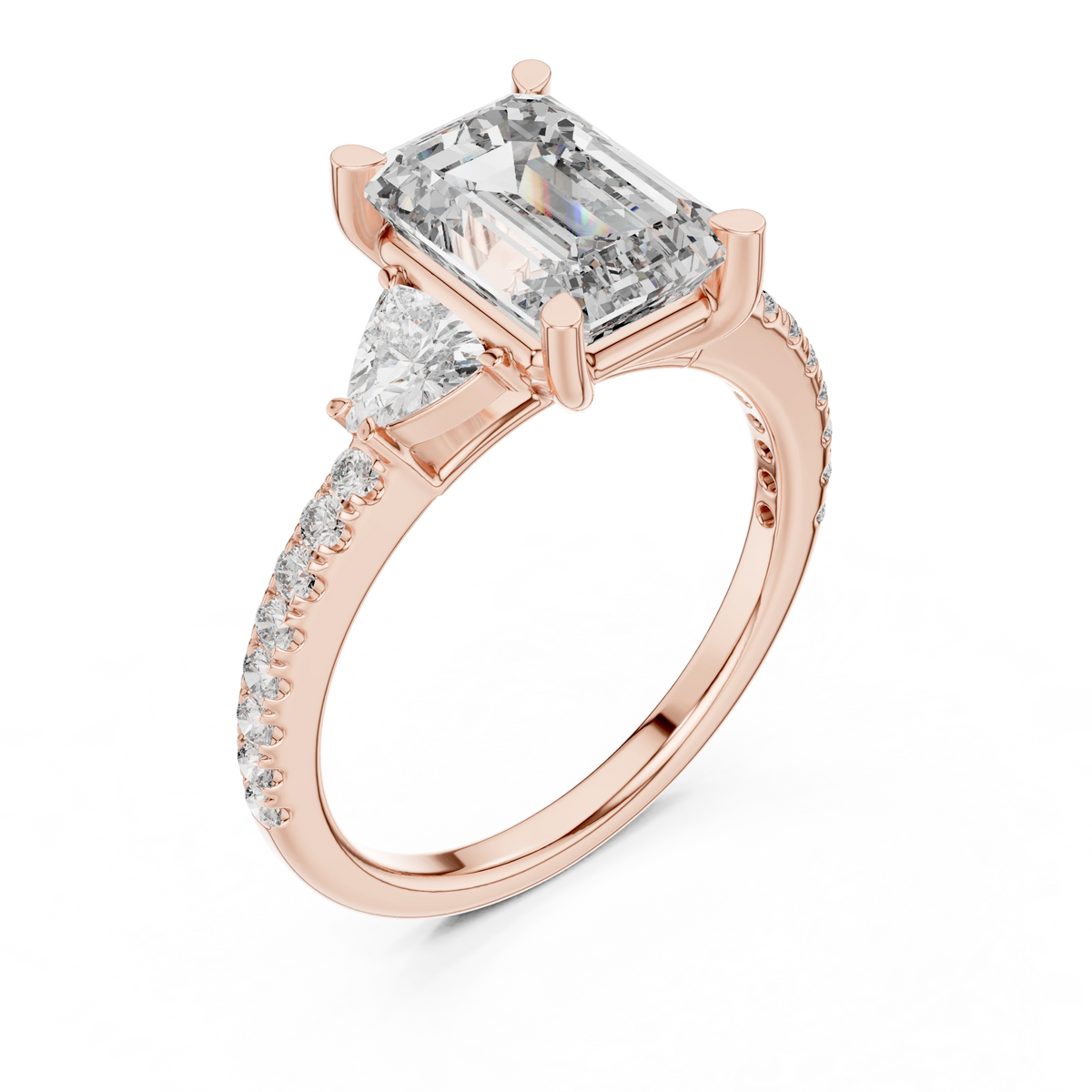 Emerald Cut Trillion Three Stone Pavé Moissanite Ring in rose 925 sterling silver, view 2