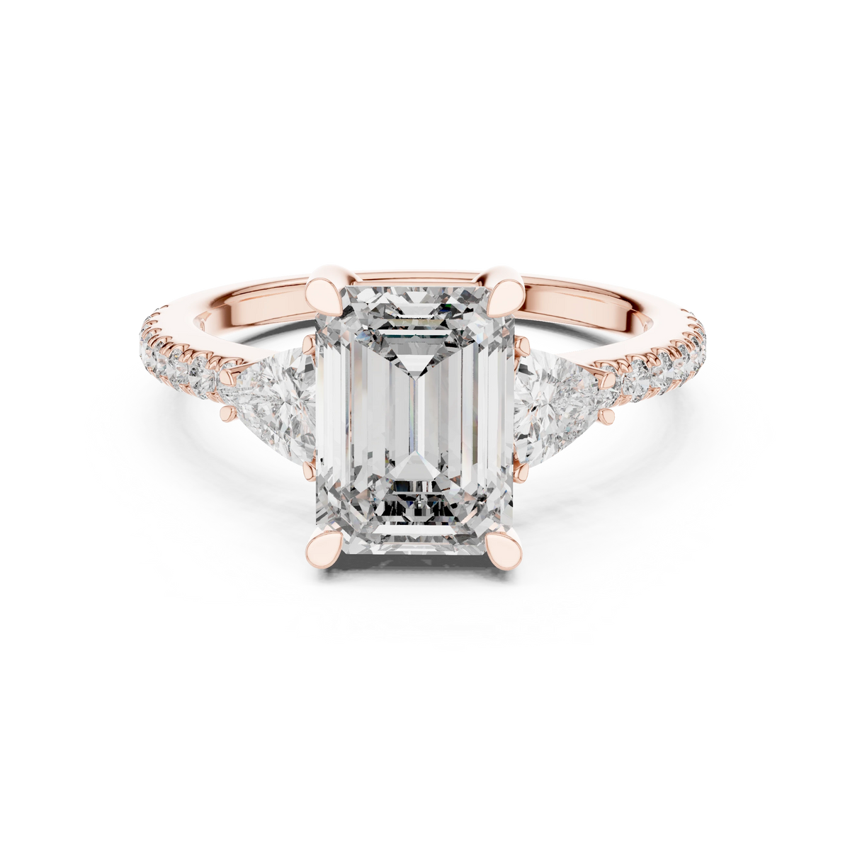 Emerald Cut Trillion Three Stone Pavé Moissanite Ring in rose 925 sterling silver, view 4