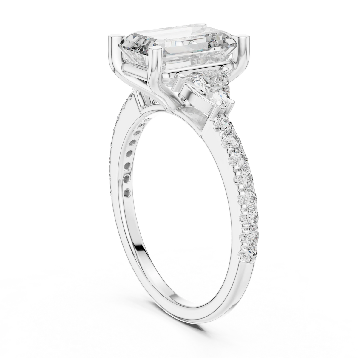 Emerald Cut Trillion Three Stone Pavé Moissanite Ring in white 925 sterling silver, view 1