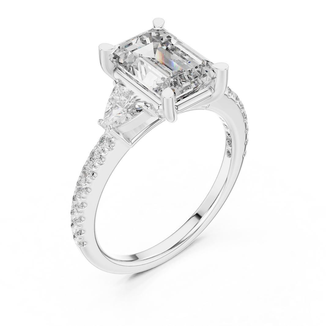 Emerald Cut Trillion Three Stone Pavé Moissanite Ring in white 925 sterling silver, view 2