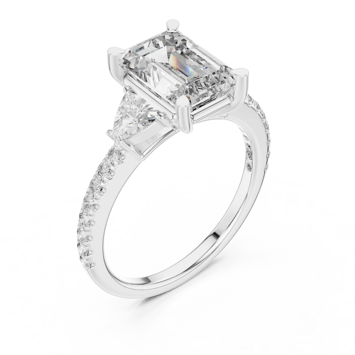 Emerald Cut Trillion Three Stone Pavé Moissanite Ring in white 925 sterling silver, view 2