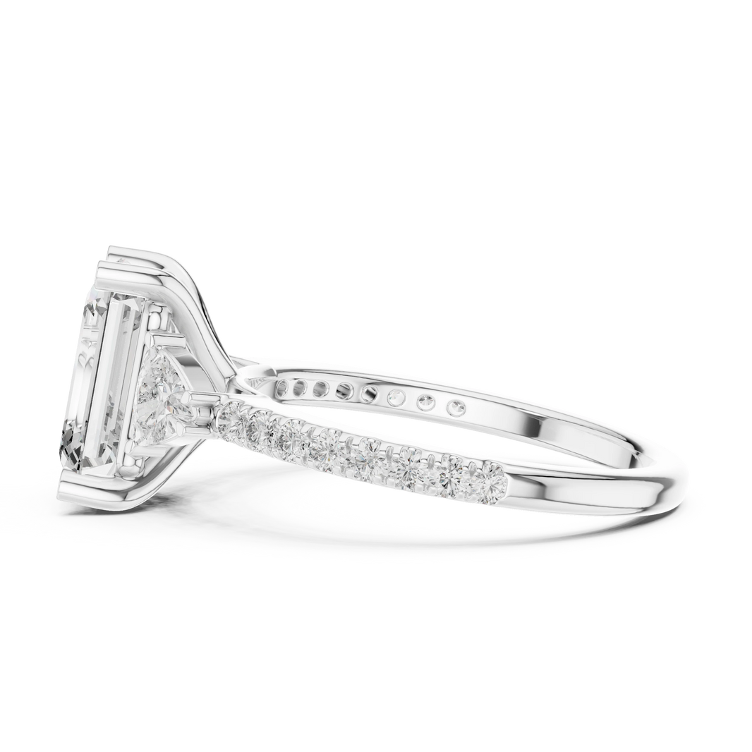 Emerald Cut Trillion Three Stone Pavé Moissanite Ring in white 925 sterling silver, view 3
