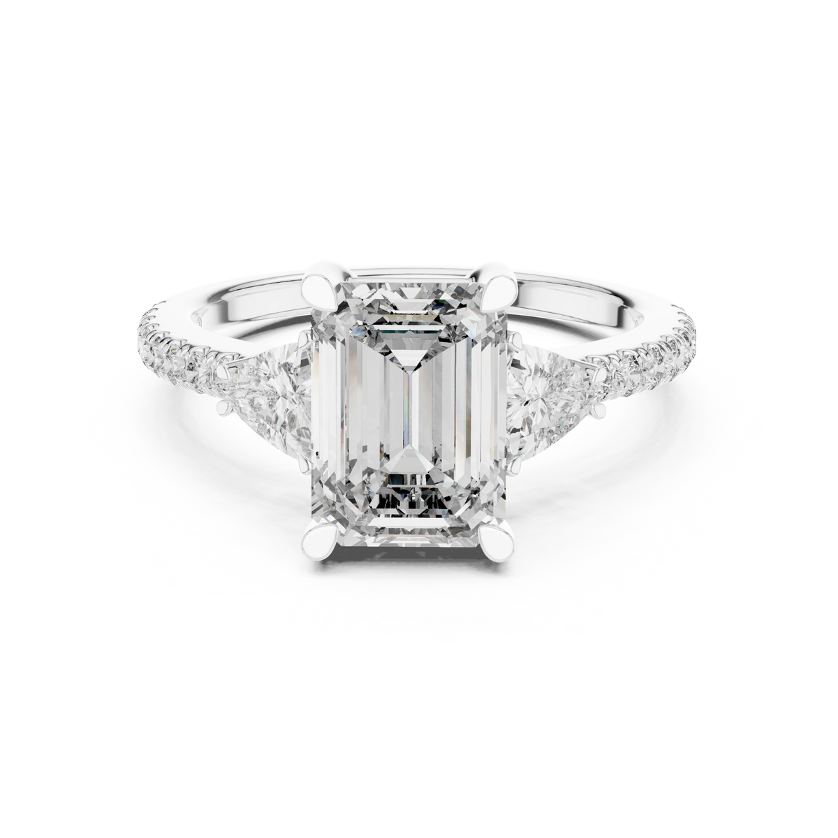 Emerald Cut Trillion Three Stone Pavé Moissanite Ring in white 925 sterling silver, view 4