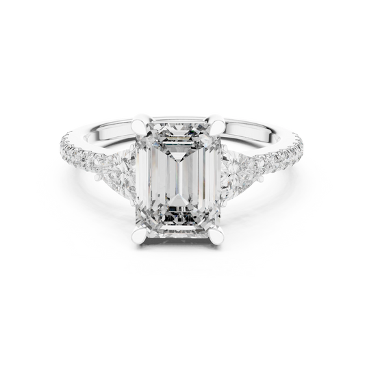 Emerald Cut Trillion Three Stone Pavé Moissanite Ring in white 925 sterling silver, view 4