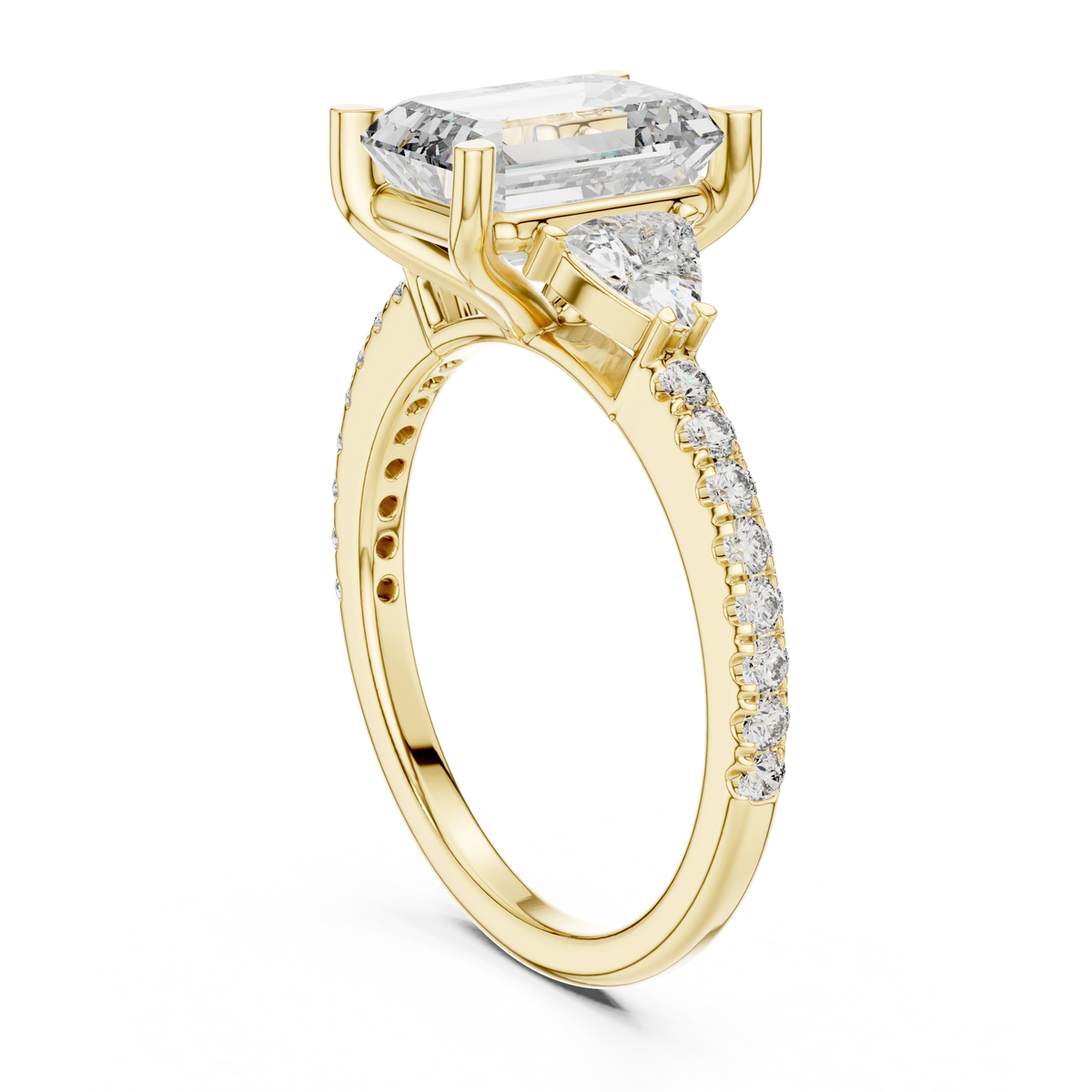Emerald Cut Trillion Three Stone Pavé Moissanite Ring in yellow 925 sterling silver, view 1