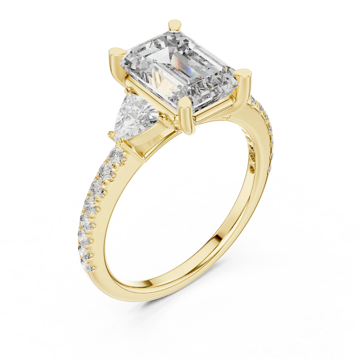 Emerald Cut Trillion Three Stone Pavé Moissanite Ring in yellow 925 sterling silver, view 2