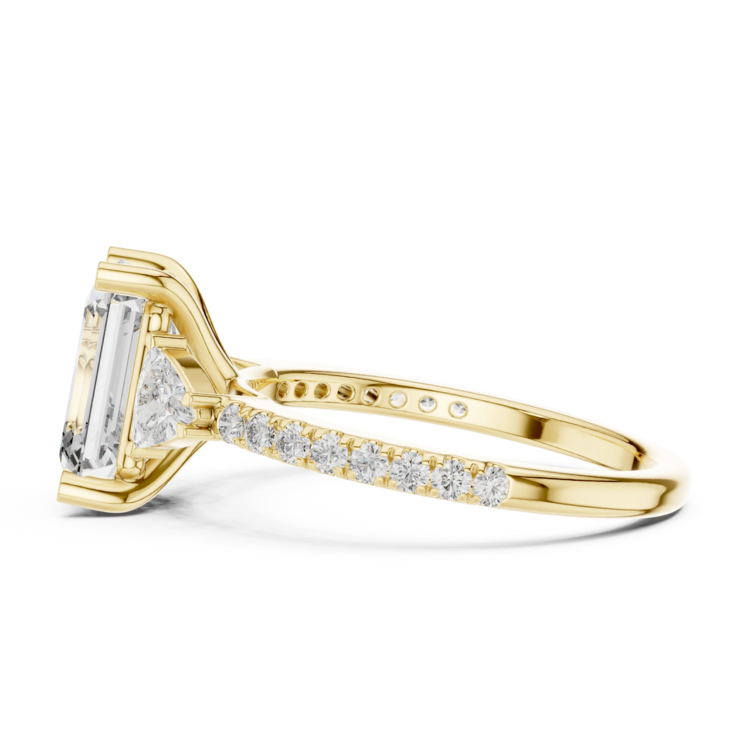 Emerald Cut Trillion Three Stone Pavé Moissanite Ring in yellow 925 sterling silver, view 3
