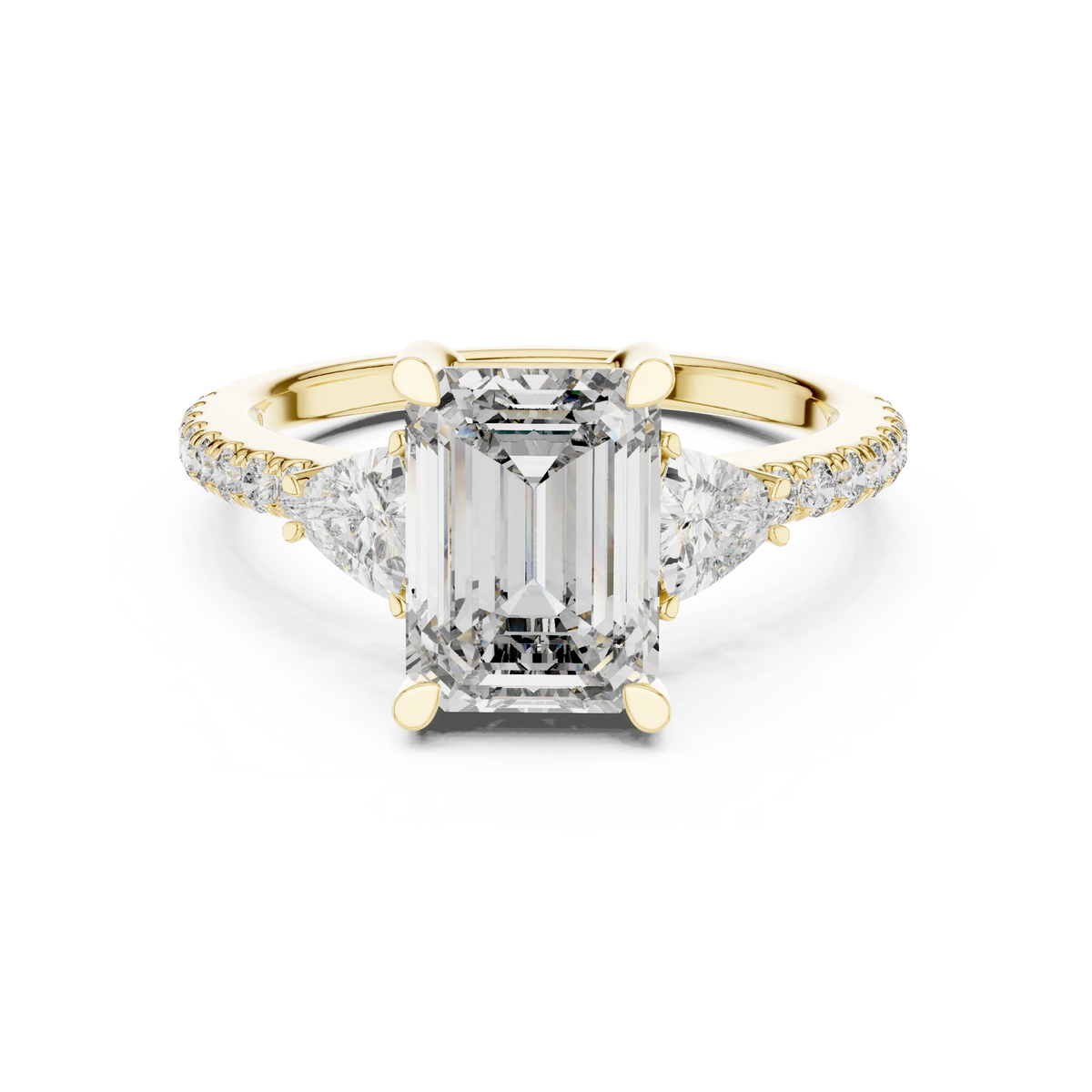 Emerald Cut Trillion Three Stone Pavé Moissanite Ring in yellow 925 sterling silver, view 4