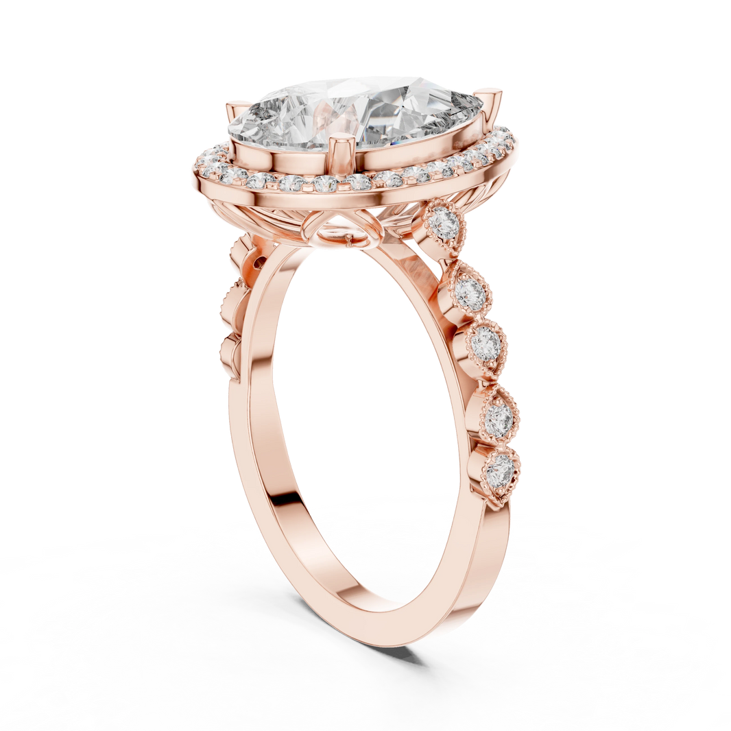 Pear Halo Vintage Milgrain Moissanite Engagement Ring in rose 925 sterling silver, view 1