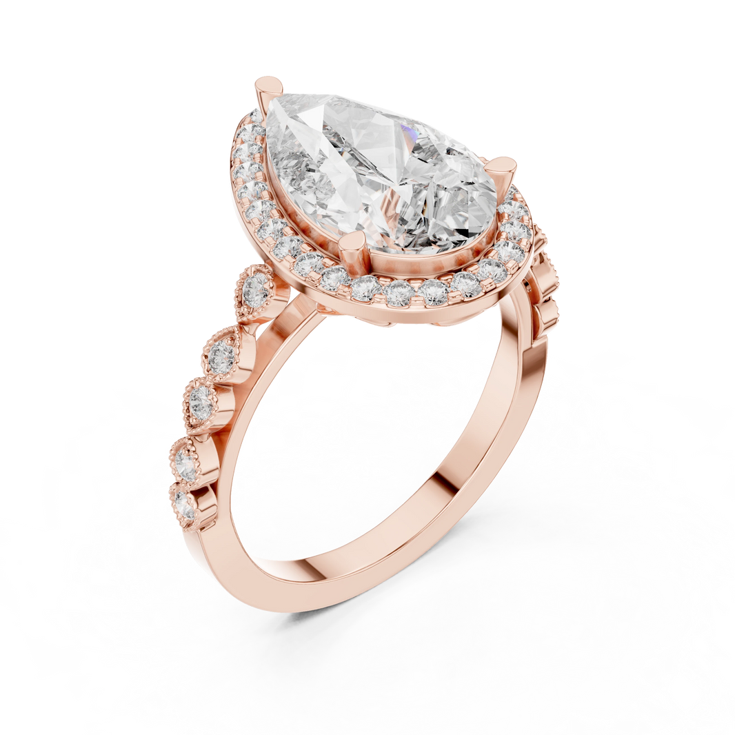 Pear Halo Vintage Milgrain Moissanite Engagement Ring in rose 925 sterling silver, view 2