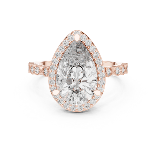 Pear Halo Vintage Milgrain Moissanite Engagement Ring in rose 925 sterling silver, view 4