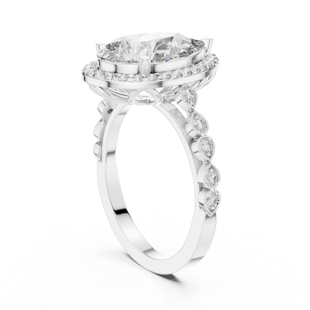 Pear Halo Vintage Milgrain Moissanite Engagement Ring in white 925 sterling silver, view 1