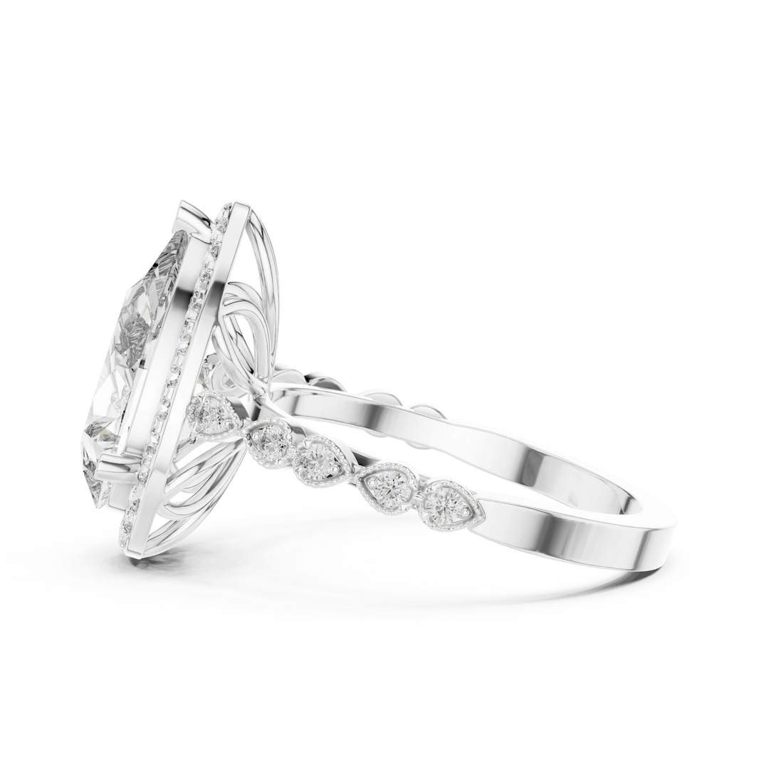 Pear Halo Vintage Milgrain Moissanite Engagement Ring in white 925 sterling silver, view 3