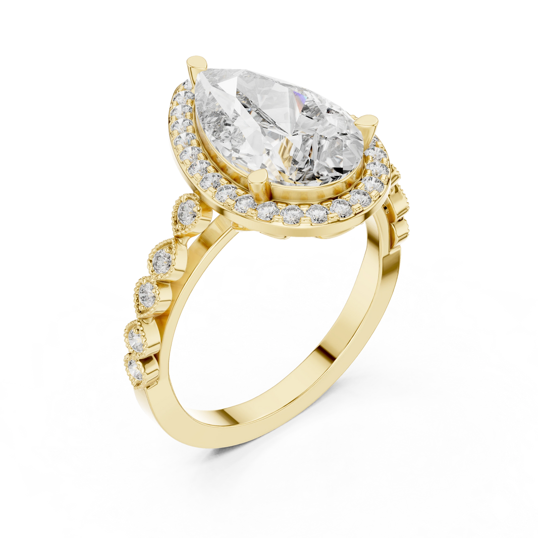 Pear Halo Vintage Milgrain Moissanite Engagement Ring in yellow 925 sterling silver, view 2