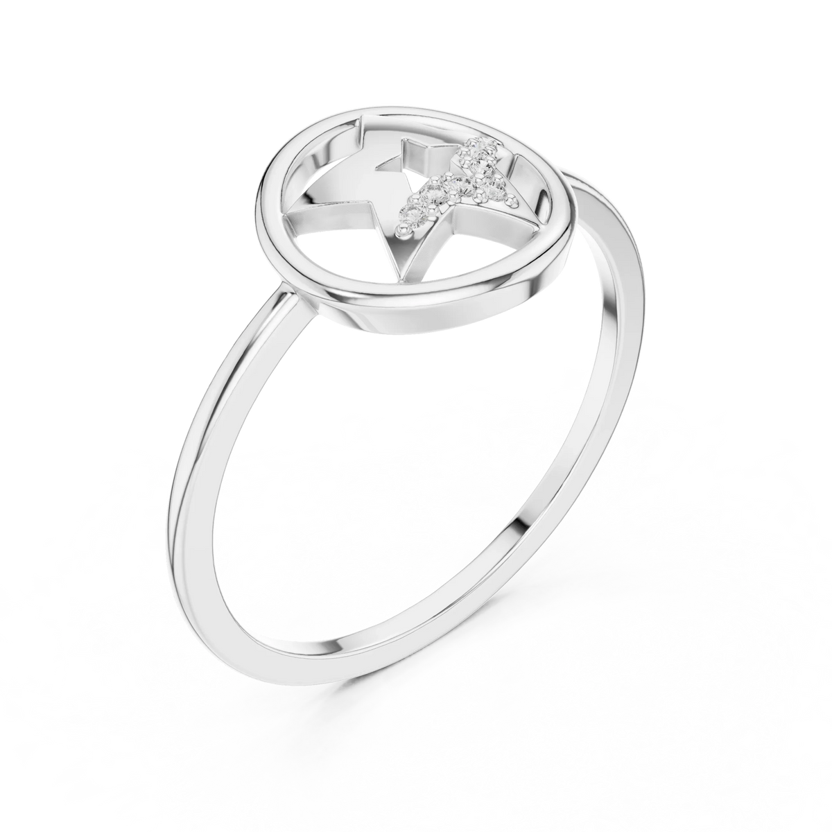Open Circle Star Pavé Accent Moissanite Ring in white 925 sterling silver, view 2