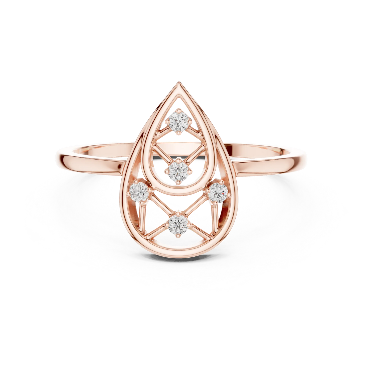Open Teardrop Lattice Five Stone Moissanite Ring in rose 925 sterling silver, view 4