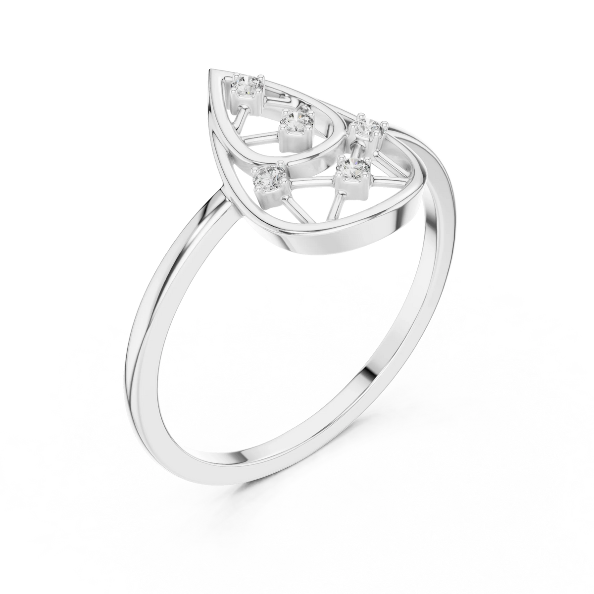 Open Teardrop Lattice Five Stone Moissanite Ring in white 925 sterling silver, view 2