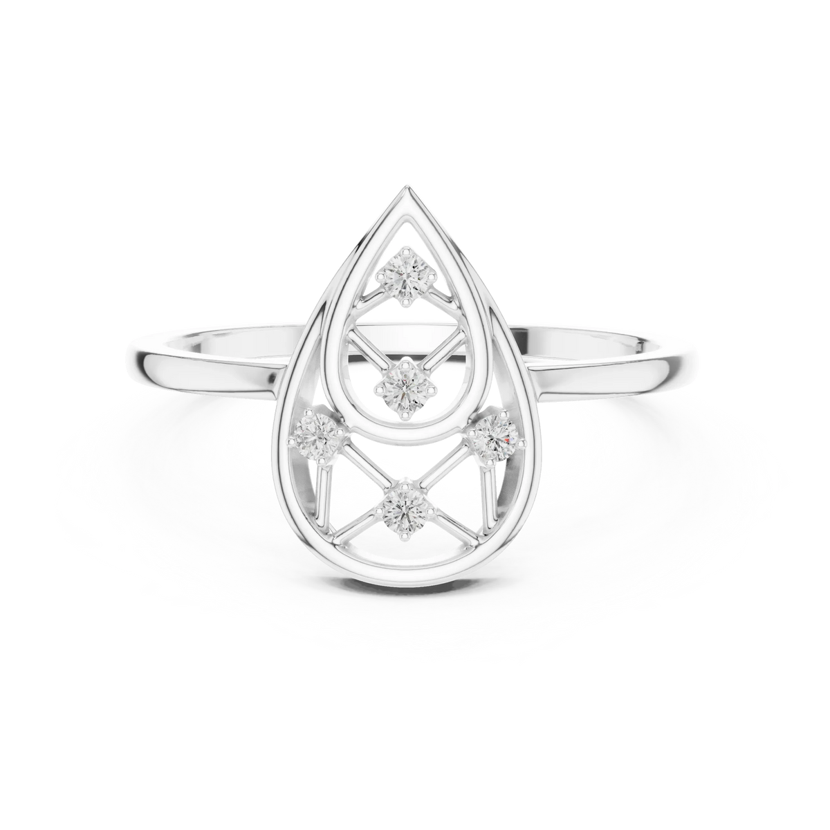 Open Teardrop Lattice Five Stone Moissanite Ring in white 925 sterling silver, view 4