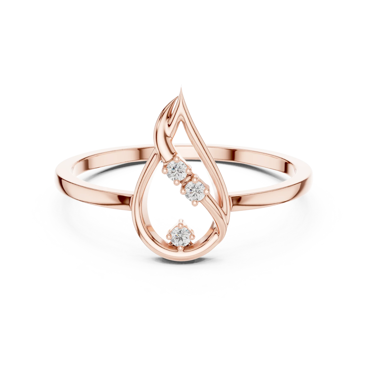 Open Flame Teardrop Three Stone Moissanite Ring in rose 925 sterling silver, view 4
